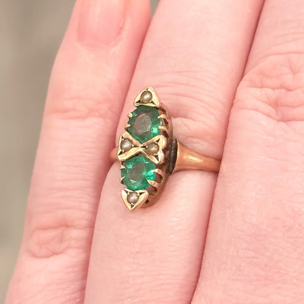 Antique Edwardian 10K Green Ring, Size 5.5, Rose Gold, Navette - Picture 12 of 17